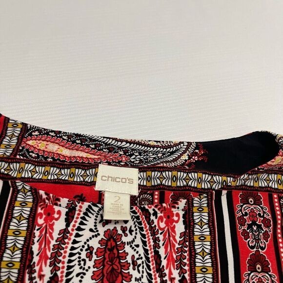 Chicos Boho Paisley Stretch Orange Red Bell Sleeve Blouse Top Size 2 US Large - Picture 3 of 11